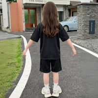 Girls Black Animal Graphic Short Sleeve T-shirts With Elasticated Shorts Sets Sets