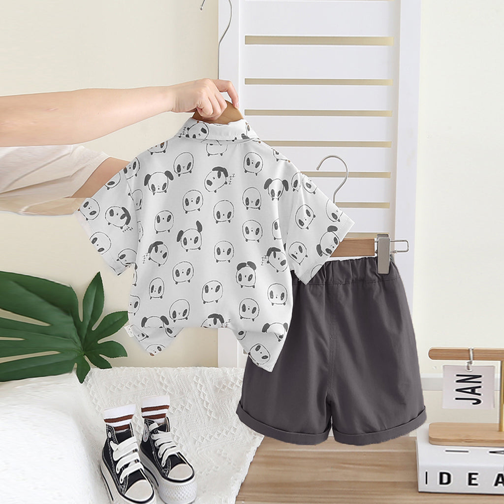 Boys Printed Short Sleeves Shirt With Dark Grey Shorts Set 2 pc. Sets