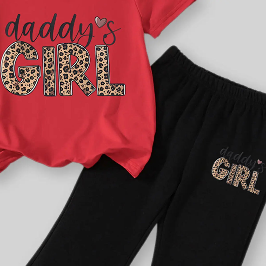 Girls Red Daddys Girls Leopard Print T-Shirt With Flared Pants Sets Sets