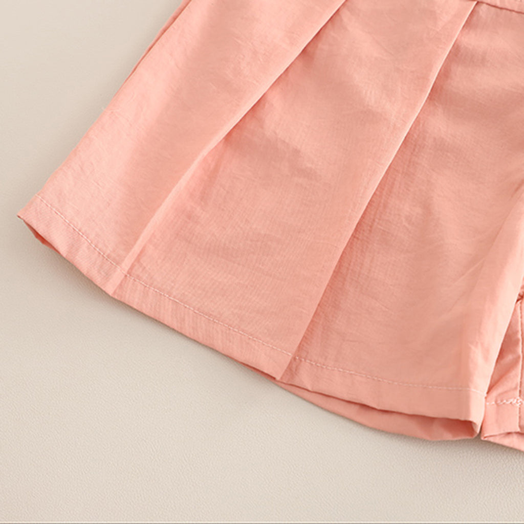 Girls Short Sleeves Appliqued Top With Peach Pleated Shorts Set 2 pc. Sets