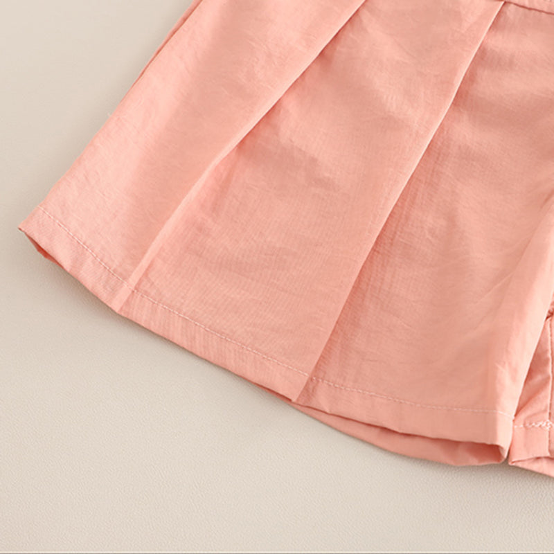 Girls Short Sleeves Appliqued Top With Peach Pleated Shorts Set 2 pc. Sets