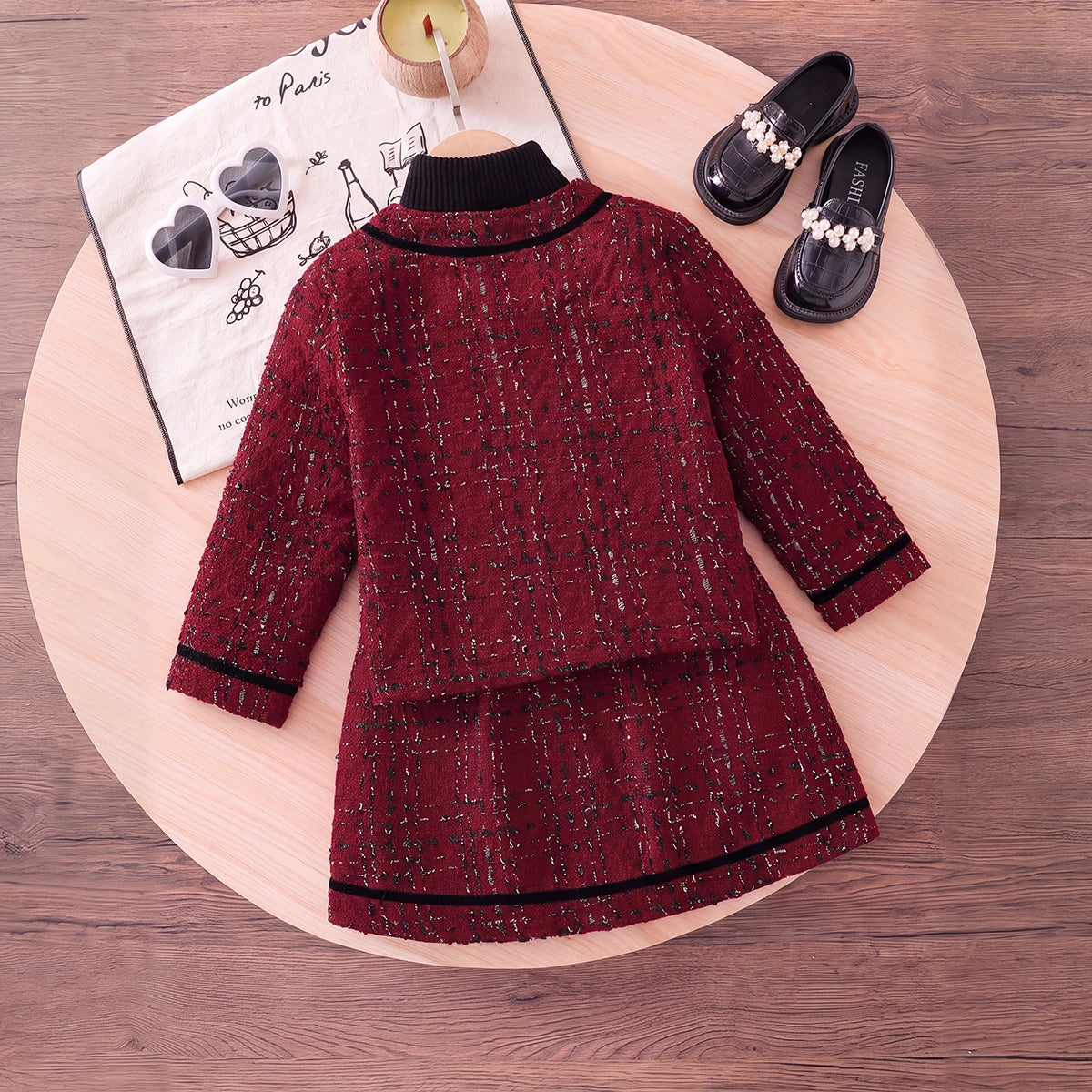 Girls Burgundy Checked Long Sleeve Jacket With Skirt Sets 2 pc. Sets