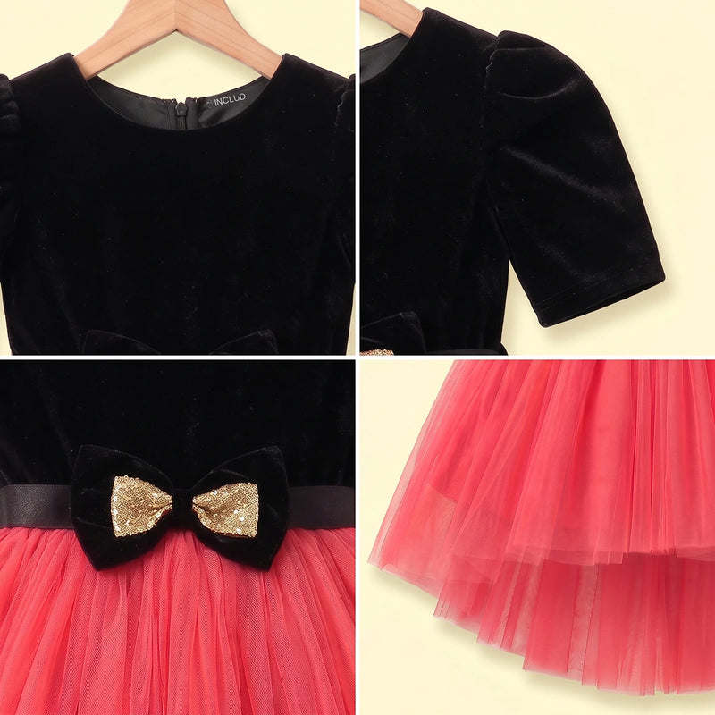 Girls black and pink high-low puff sleeve party dress