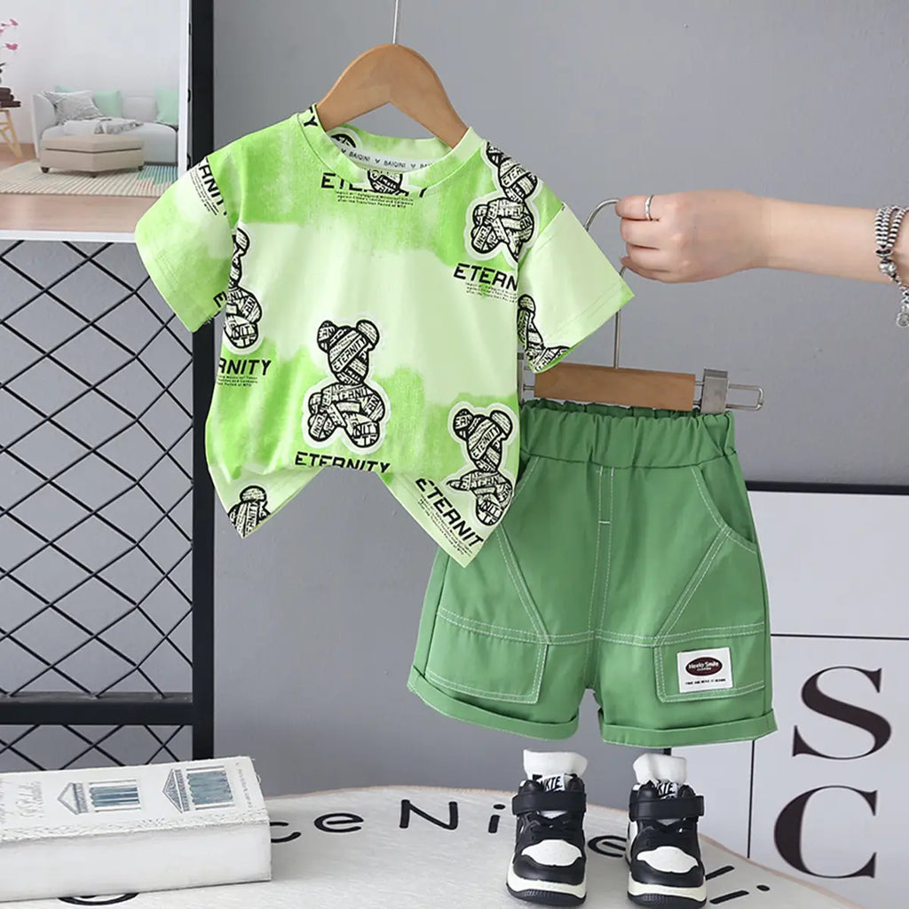 Boys Green Teddy Bear Graphic T-Shirt With Elasticated Shorts Sets Sets Green 1-2 Y