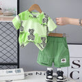 Boys Green Teddy Bear Graphic T-Shirt With Elasticated Shorts Sets Sets Green 1-2 Y