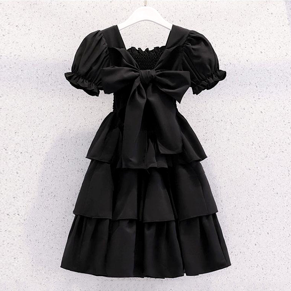 Girls Puff Sleeves Elasticated Smocking Tiered Dress Casual Dresses   