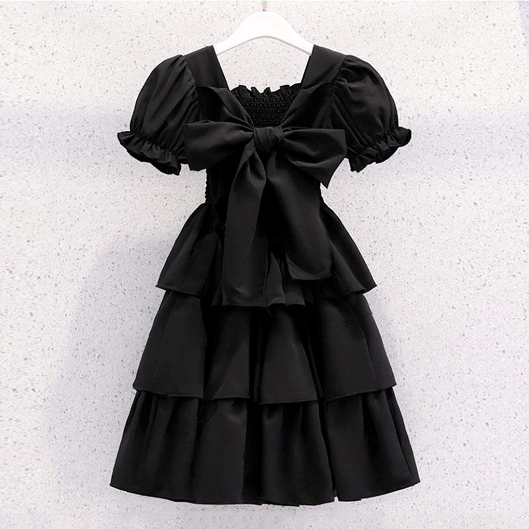 Girls Puff Sleeves Elasticated Smocking Tiered Dress Casual Dresses   