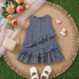 Girls Navy Blue Checked Sleeveless A-line Dress Casual Dresses Navy Blue 1-2 Y