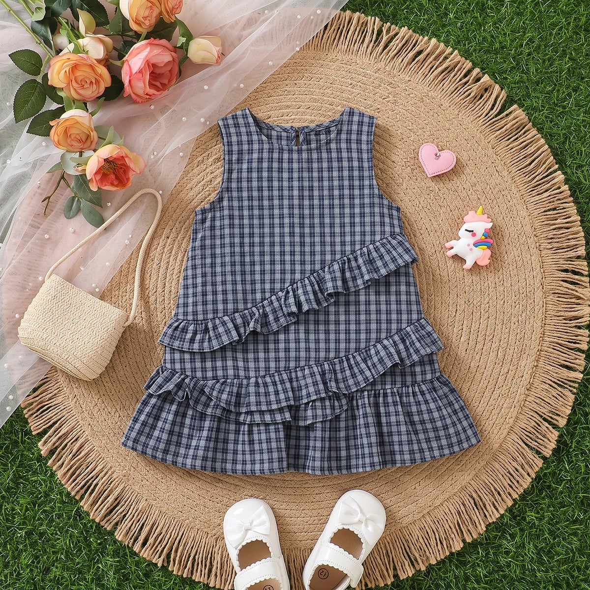 Girls Navy Blue Checked Sleeveless A-line Dress Casual Dresses Navy Blue 1-2 Y