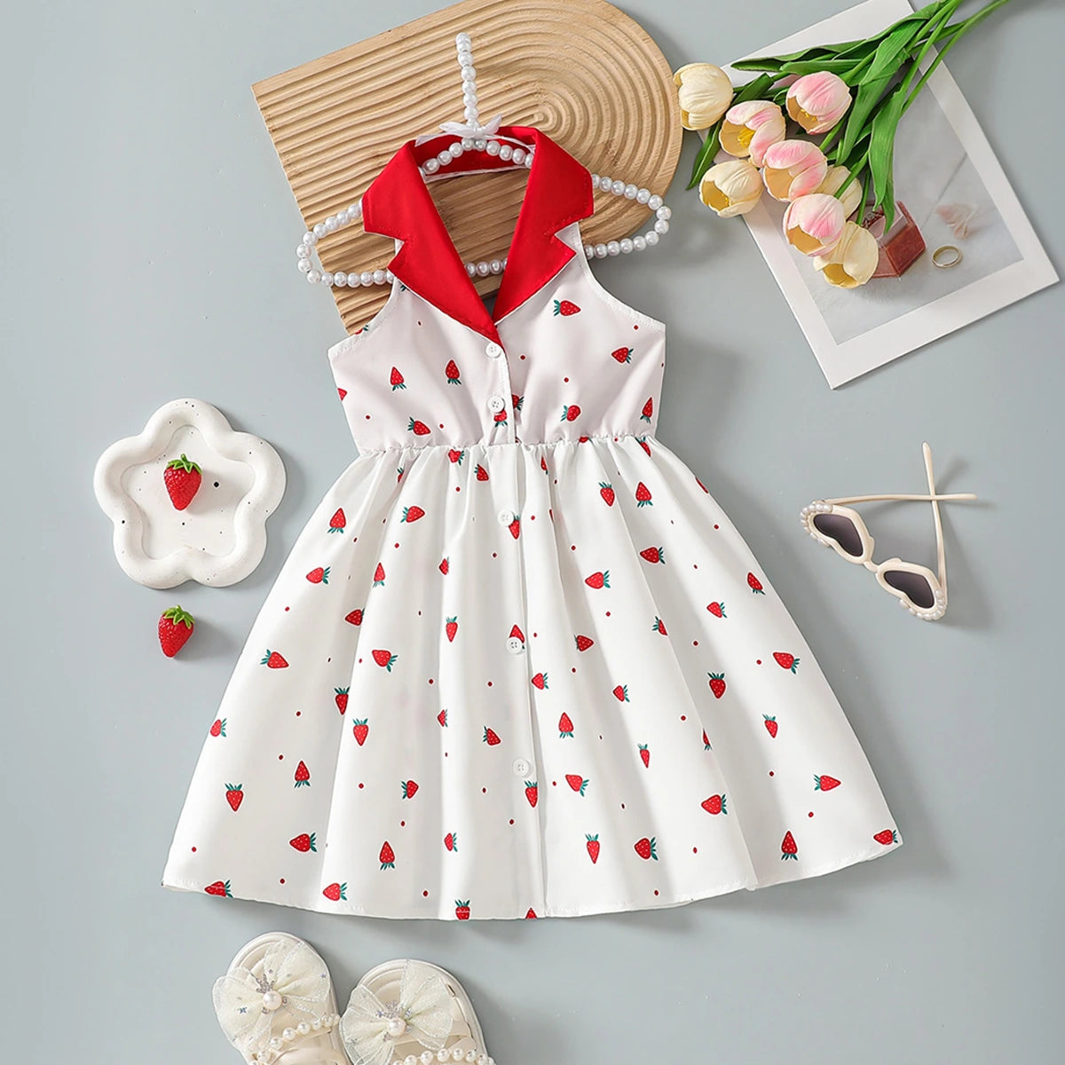 Girls White Strawberry Printed Sleeveless Fit & Flare Dress Casual Dresses White 3-4 Y