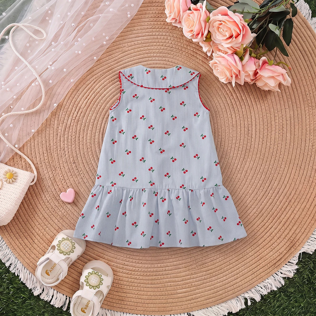 Girls Light Blue Cherry Print Peter Pan Collar Dress Casual Dresses