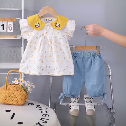 Girls Yellow Floral Printed Short Sleeve Top With Elasticated Shorts Sets 2 pc. Sets Yellow 1-2 Y