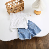 Girls White Bunny Print Flutter Sleeve Top With Denim Shorts Sets 2 pc. Sets