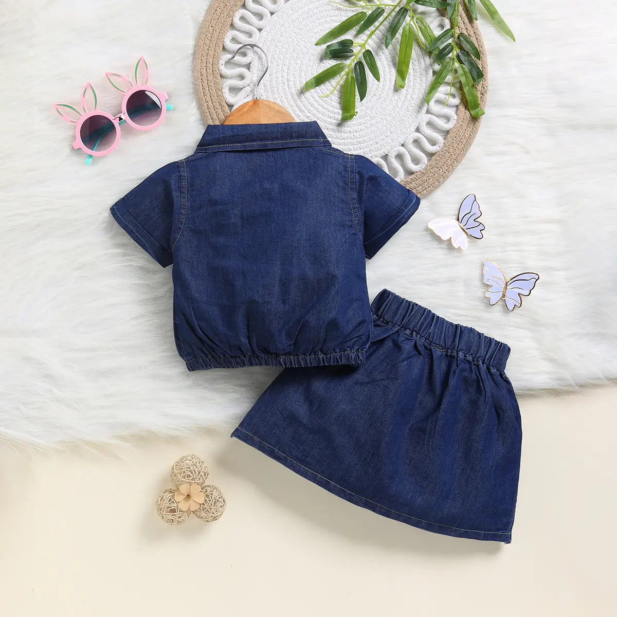 Girls Dark Blue Animal Applique Denim Short With Skirt Sets 2 pc. Sets