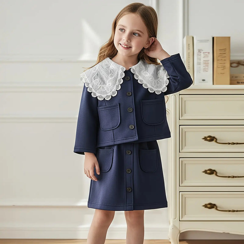 Girls Navy Blue Big Collar Long Sleeves Lace Jacket With Skirt Sets Sets