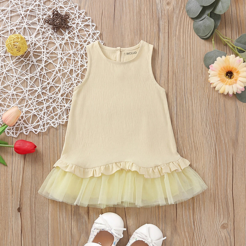 Girls Yellow Textured Bottom Ruffle A-Line Dress Casual Dresses Yellow 1-2 Y