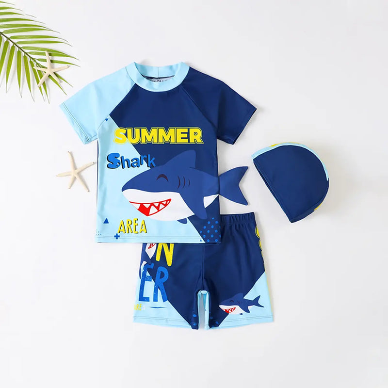 Boys Blue Shark Print T-Shirt With Shorts & Swim cap Swimwear Sets Beachwear Blue 3-4 Y