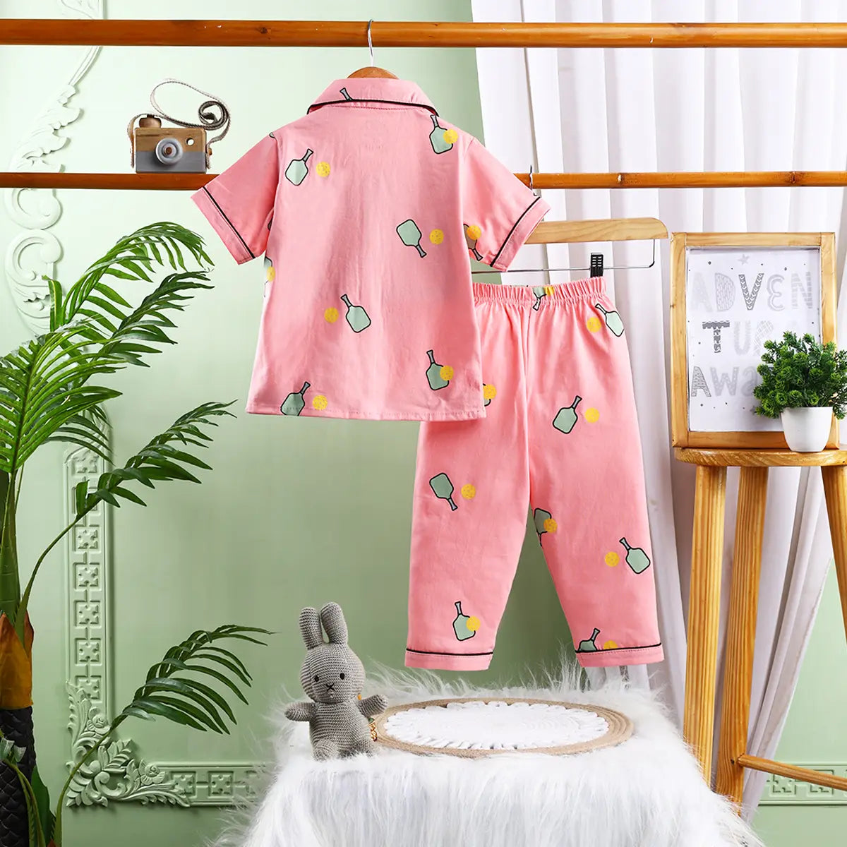 Girls Pink Printed Short Sleeve Shirt With Printed Pyjama Sets Sets