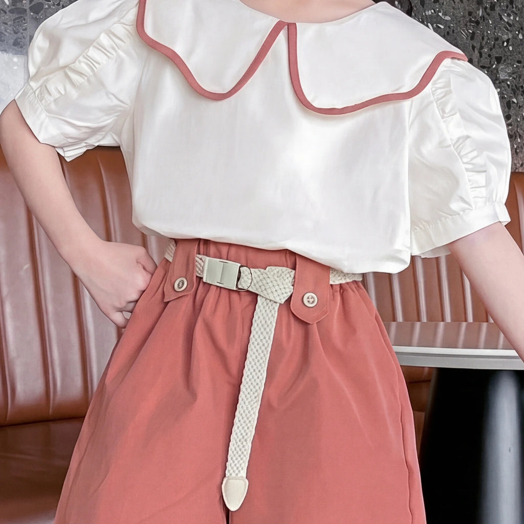 Girls Off White Puff Sleeve Peter Pan Collar Top With Elasticated Shorts Sets 2 pc. Sets