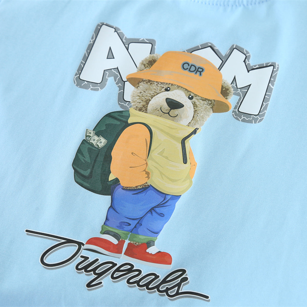 Boys Sky blue Teddy With Bag Pack Printed T-Shirt With Shorts set 2 pc. Sets