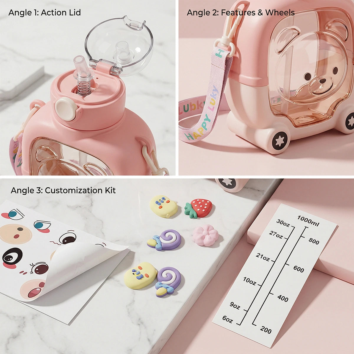 Kids Blush Pink Bear Cartoon Straw Water Bottle Trending Accessories