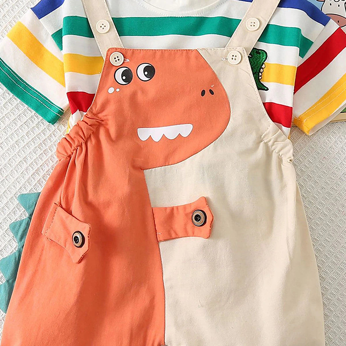 Boys Short Sleeve T-Shirt With Orange Dinosaur Applique Dungaree Sets 2 pc. Sets