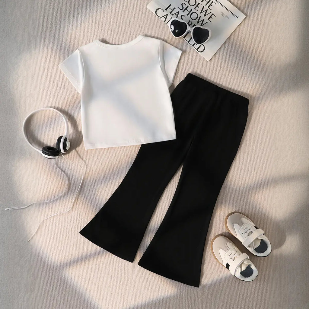 Girls White Contrast Stripes T-Shirt With Flared Pant Sets Sets