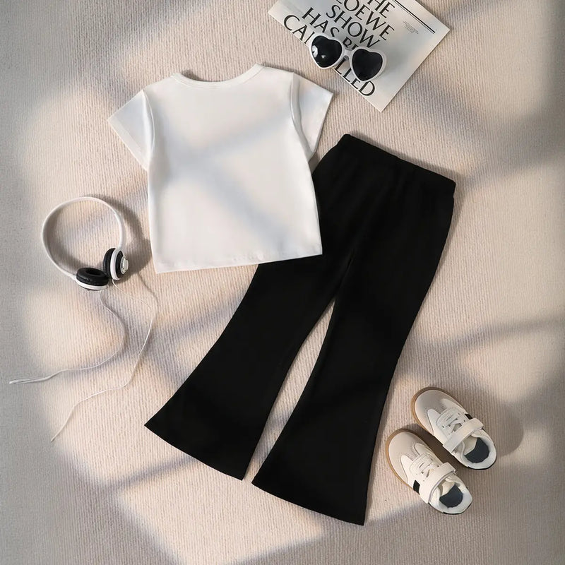Girls White Contrast Stripes T-Shirt With Flared Pant Sets Sets