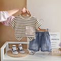 Boys Beige Striped T-Shirt With Pocket & Denim Shorts Sets Sets Beige 1-2 Y