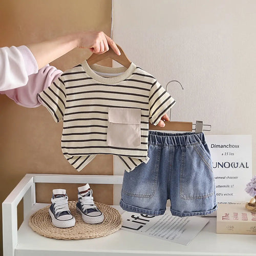 Boys Beige Striped T-Shirt With Pocket & Denim Shorts Sets Sets Beige 1-2 Y