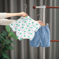 Boys Light Green Car Printed Short Sleeve Shirt With Denim Shorts Sets 2 pc. Sets