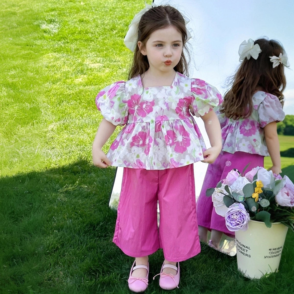 Girls Pink Floral Print Puff Sleeve Top With Pants Sets Sets Pink 1-2 Y