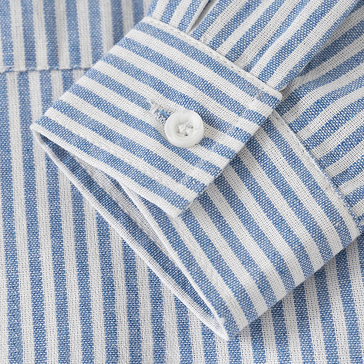 Girls Light Blue Stripes Long Sleeves Shirts With Mandarin Collar Shirts