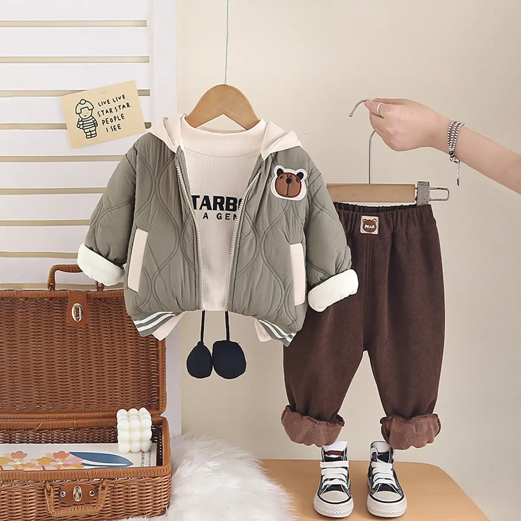 Boys Green Long Sleeve Hooded Quilted Jacket With T-Shirt & Jogger Sets Sets Green 1-2 Y
