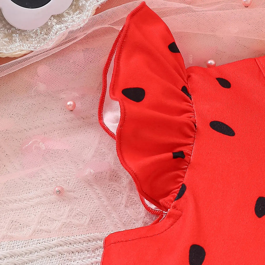 Girls Red Watermelon Print Fit & Flare Dress with Flutter Sleeves Casual Dresses