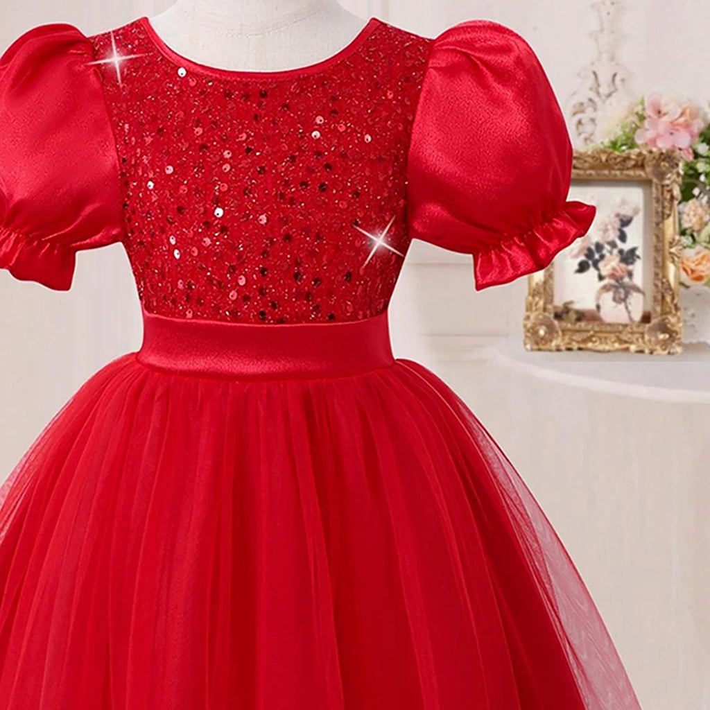Girls Red Sequins Embellished Puff Sleeve Fit & Flare Party Dress Party Dresses