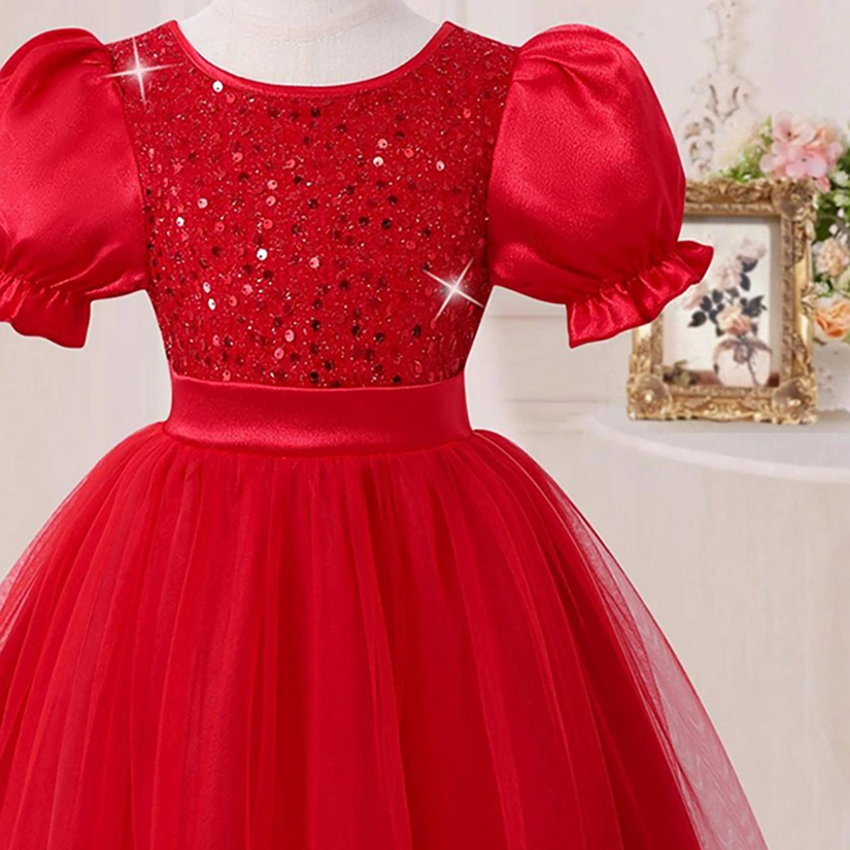 Girls Red Sequins Embellished Puff Sleeve Fit & Flare Party Dress Party Dresses