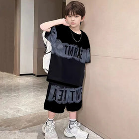 Boys Black Typographic Printed Oversized T-Shirt With Shorts Co-ord Sets Sets