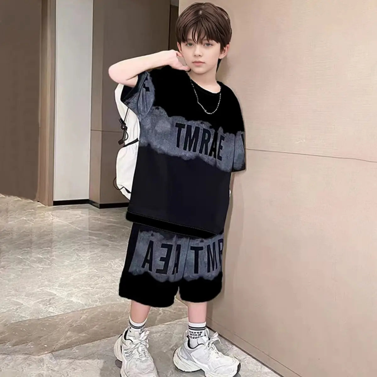 Boys Black Typographic Printed Oversized T-Shirt With Shorts Co-ord Sets Sets