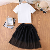 Girls White Short Sleeve T-Shirt With Elasticated Layered Skirt Set 2 pc. Sets
