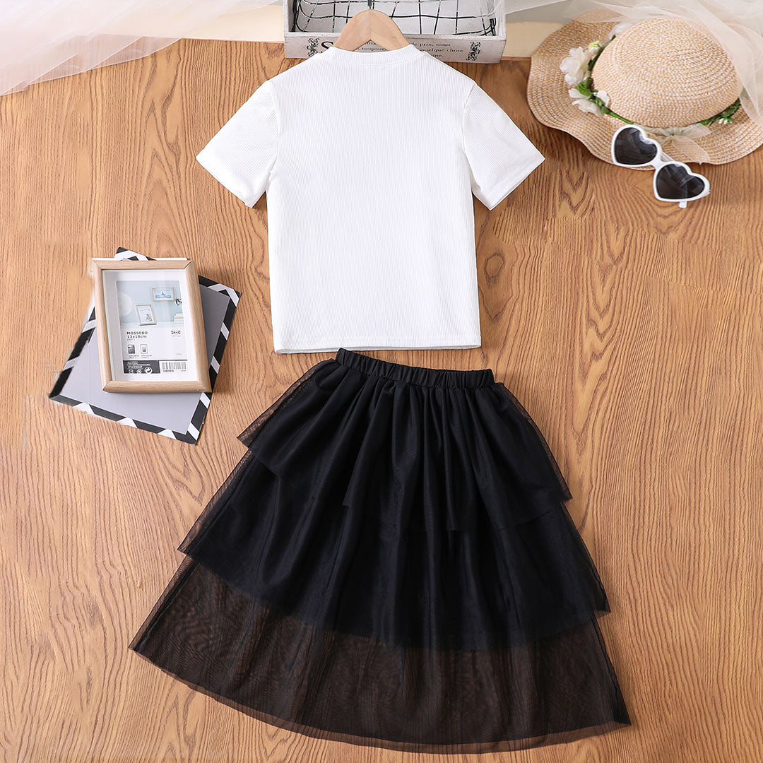 Girls White Short Sleeve T-Shirt With Elasticated Layered Skirt Set 2 pc. Sets