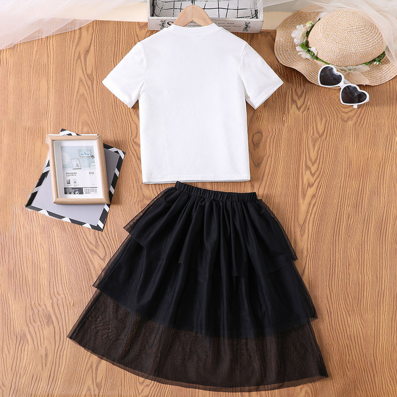 Girls White Short Sleeve T-Shirt With Elasticated Layered Skirt Set 2 pc. Sets