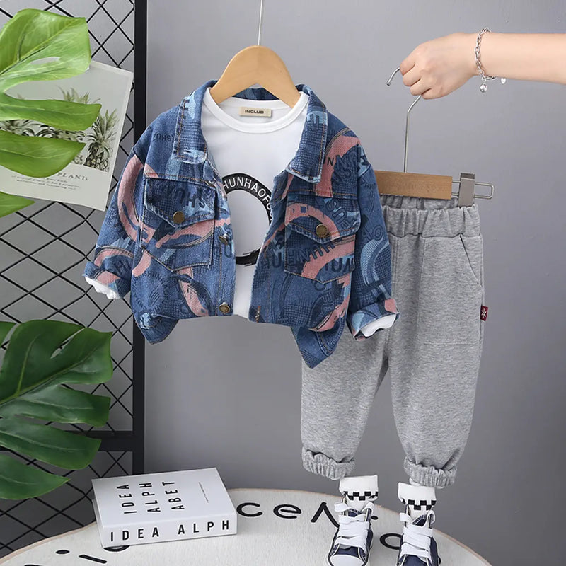 Boys Pink Abstract Printed Denim Jacket With T-Shirt & Jogger Sets Sets Pink 1-2 Y