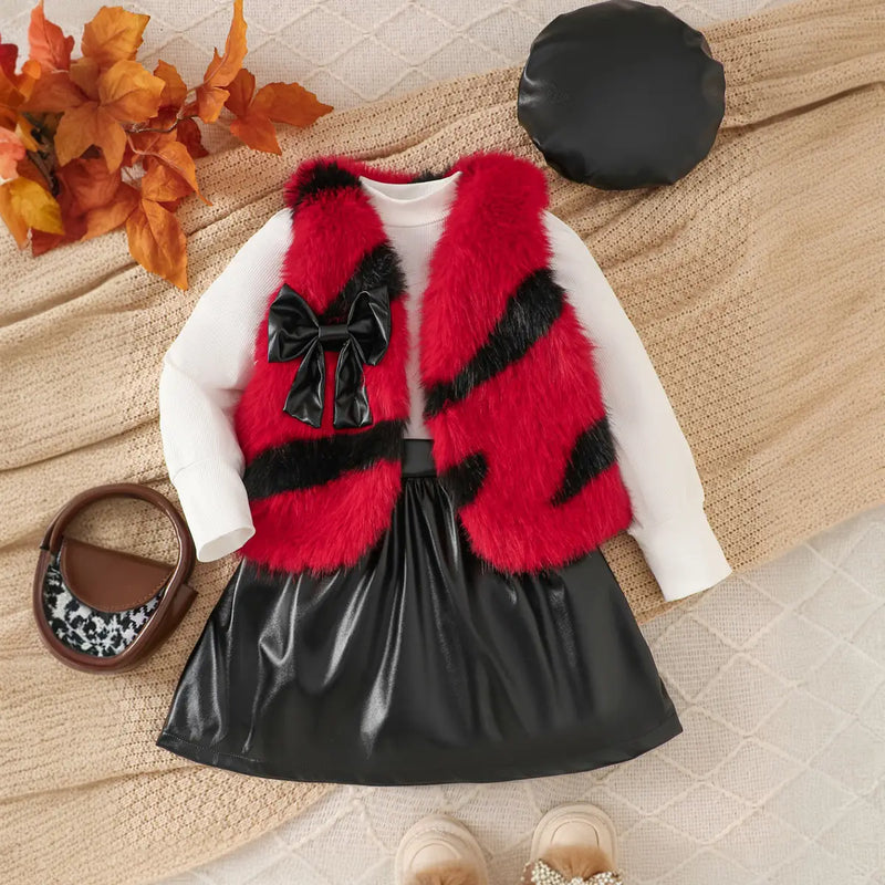 Girls Long Sleeve T-Shirt With Red Faux Fur Vest & Faux Leather Skirt & Hat Sets Sets Red 2-3 Y