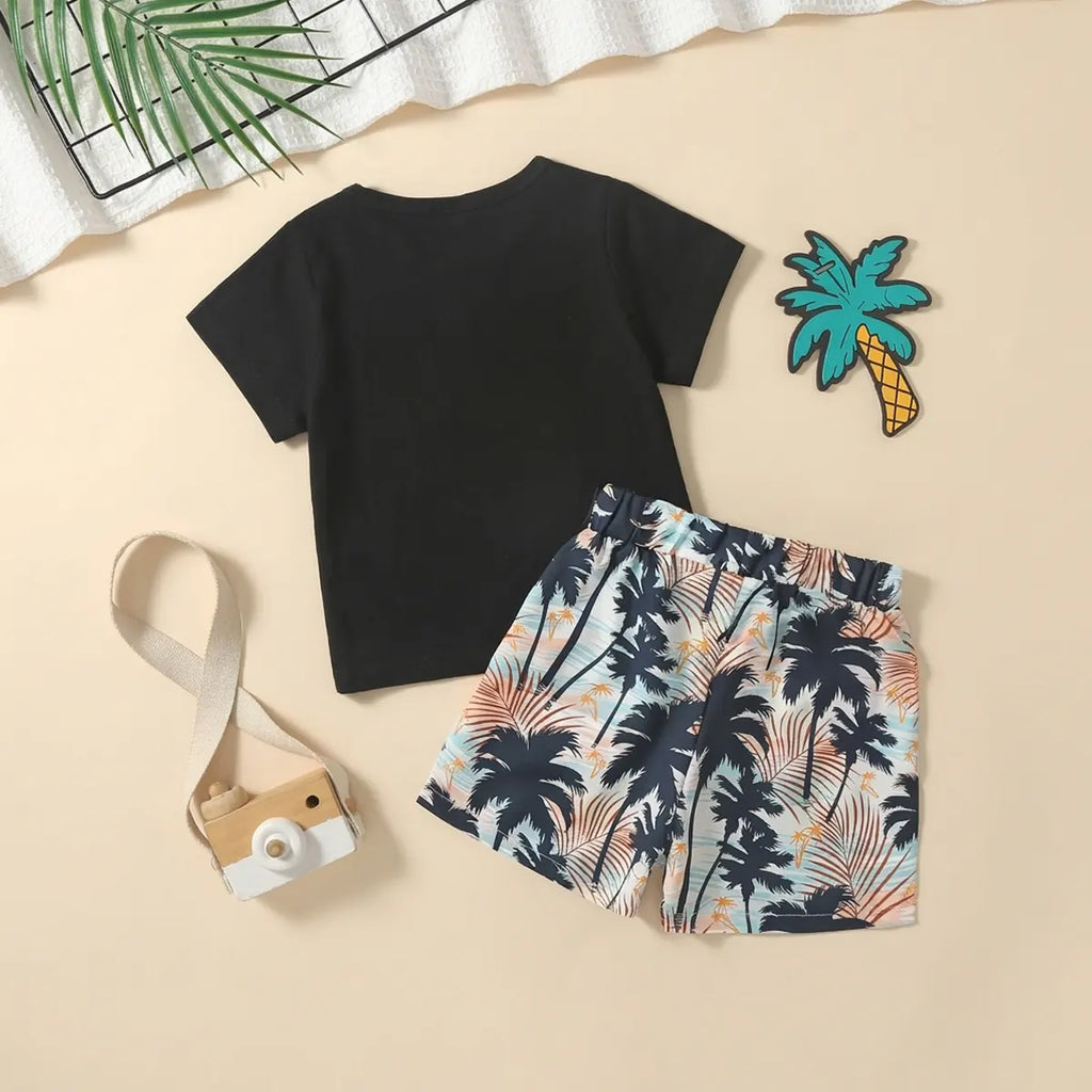 Boys Black Short Sleeve T-Shirt With Tropical Print Shorts Sets 2 pc. Sets
