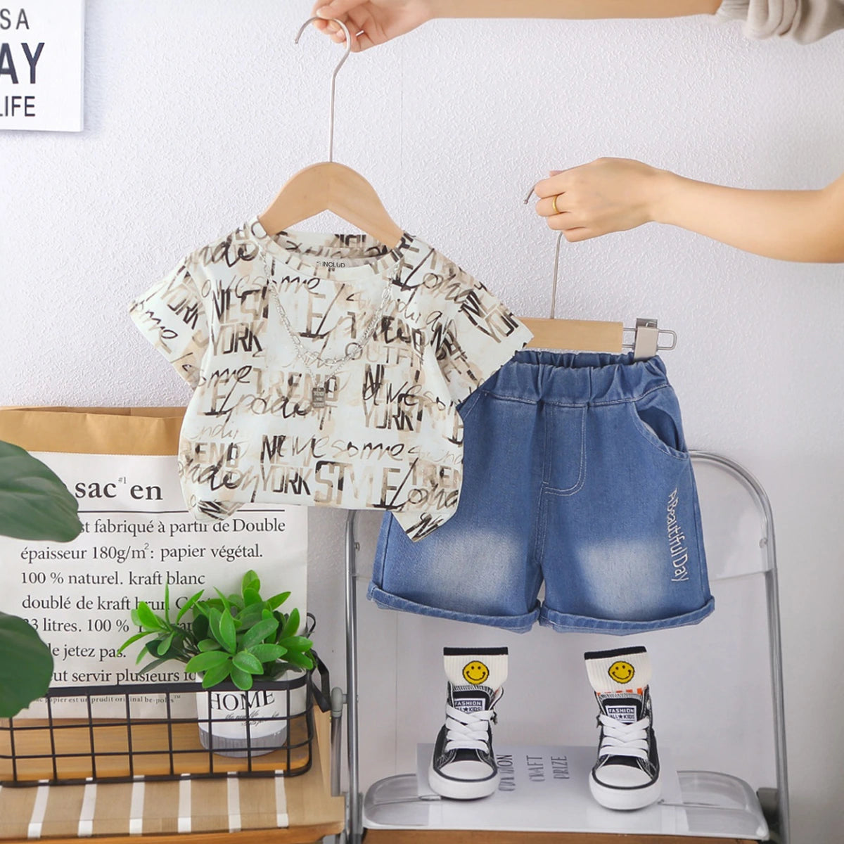 Boys Off White Typographic Print T-Shirt With Denim Shorts Set Sets Off White 1-2 Y