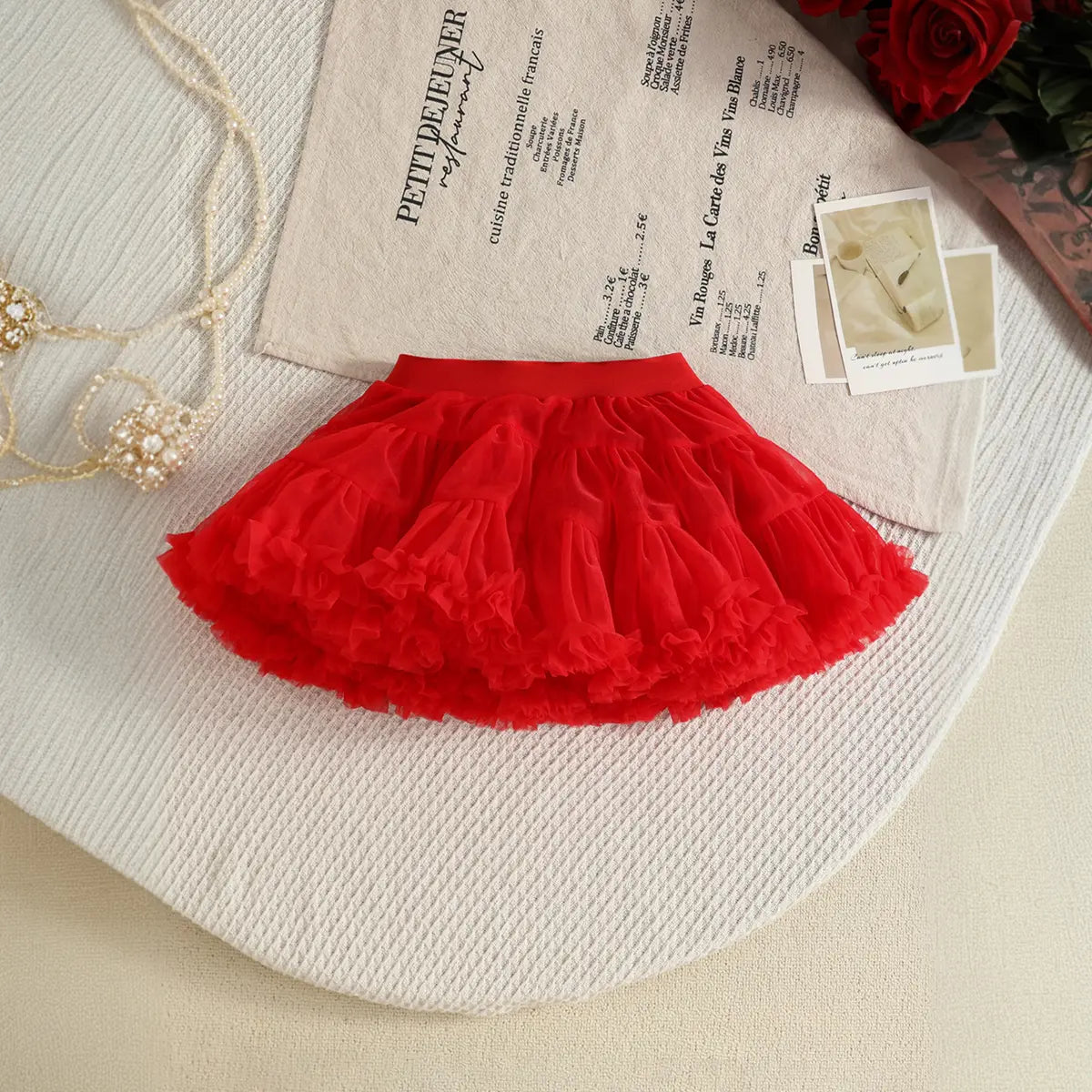 Girls Red 3D Floral Ruffle Top With Tiered Tulle Tutu Skirt Sets Sets