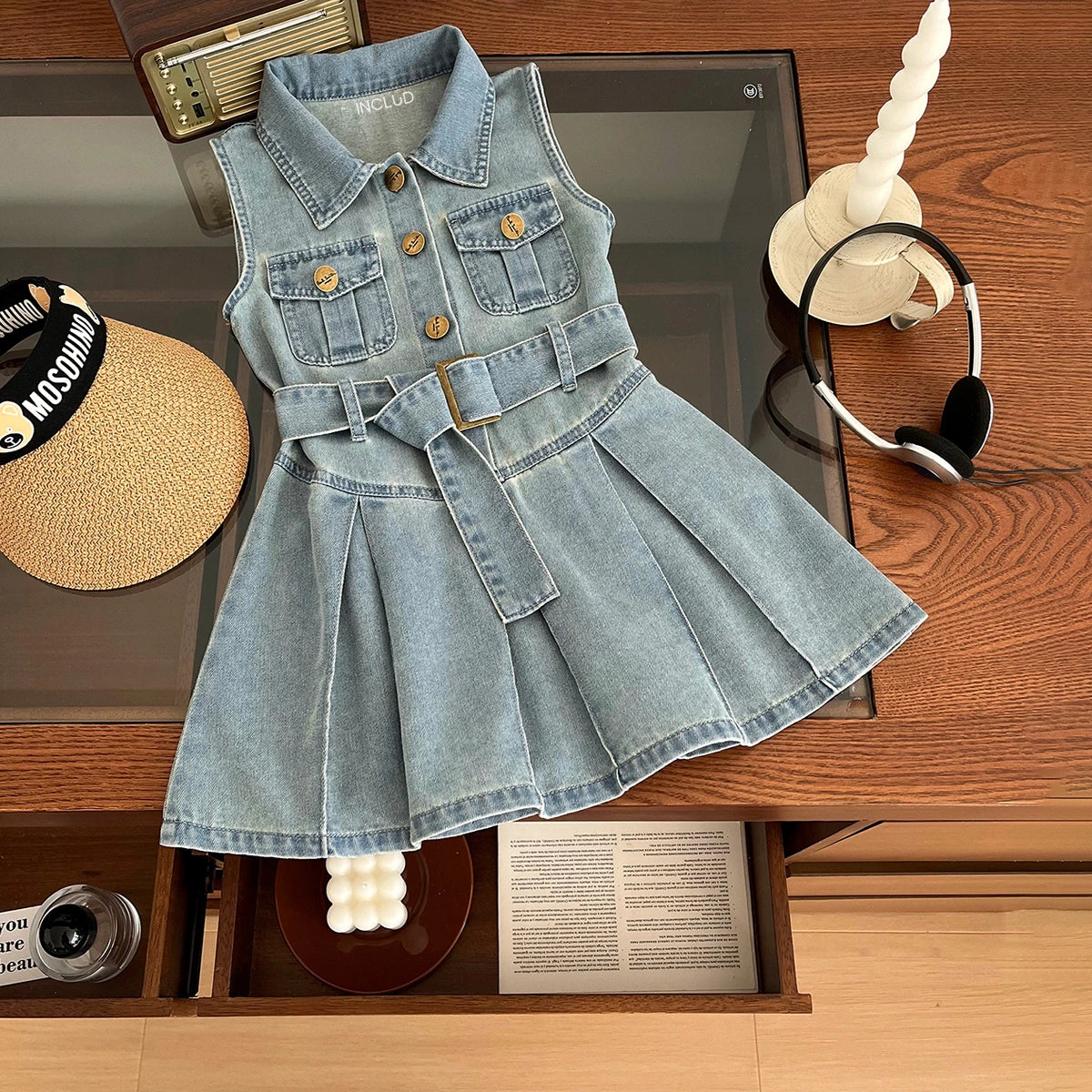 Girls Light Blue Sleeveless Pleated Hem Drop Waist Denim Dress Casual Dresses Light Blue 1-2 Y
