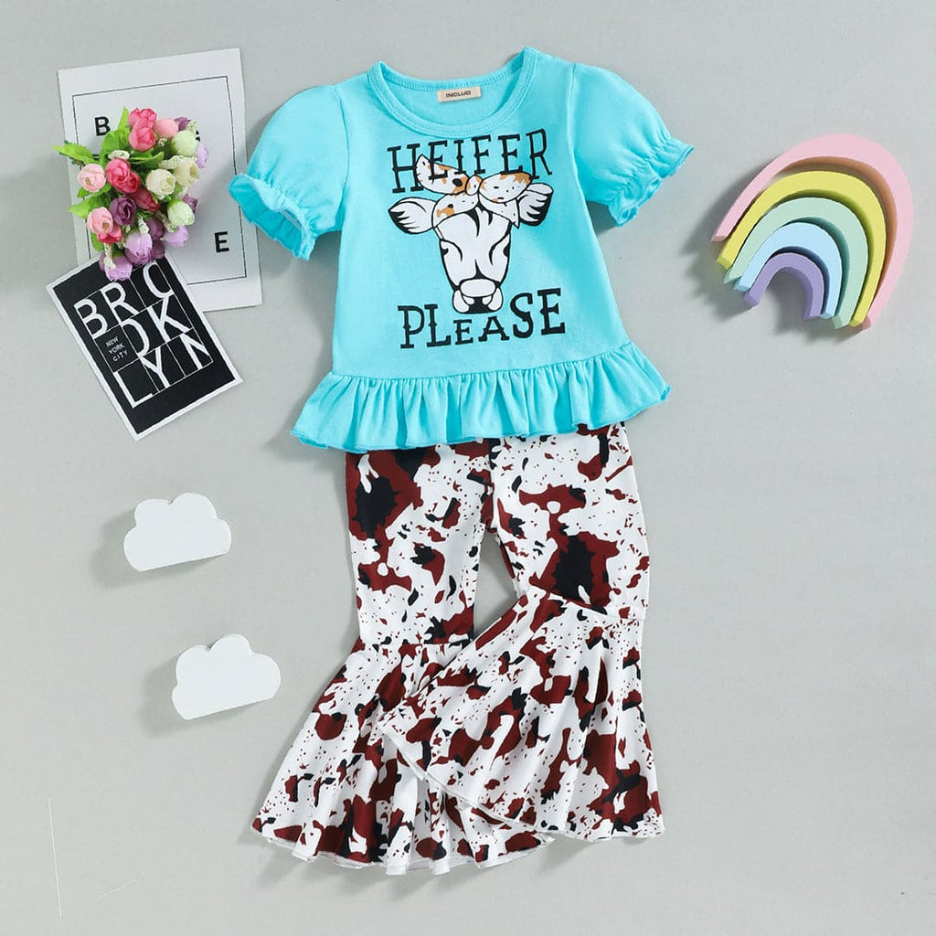 Girls Puff Sleeve Top With Printed Wide Leg Pants