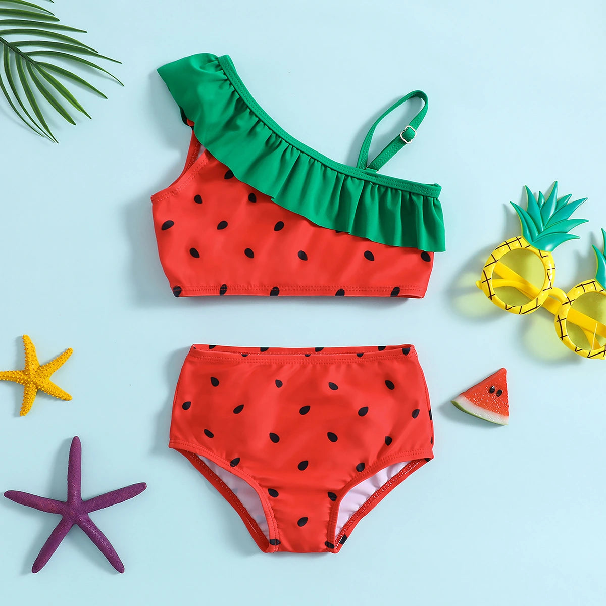 Girls Red Watermelon Printed Top With Briefs Two-Piece Swimwear Sets Sets Red 1-2 Y